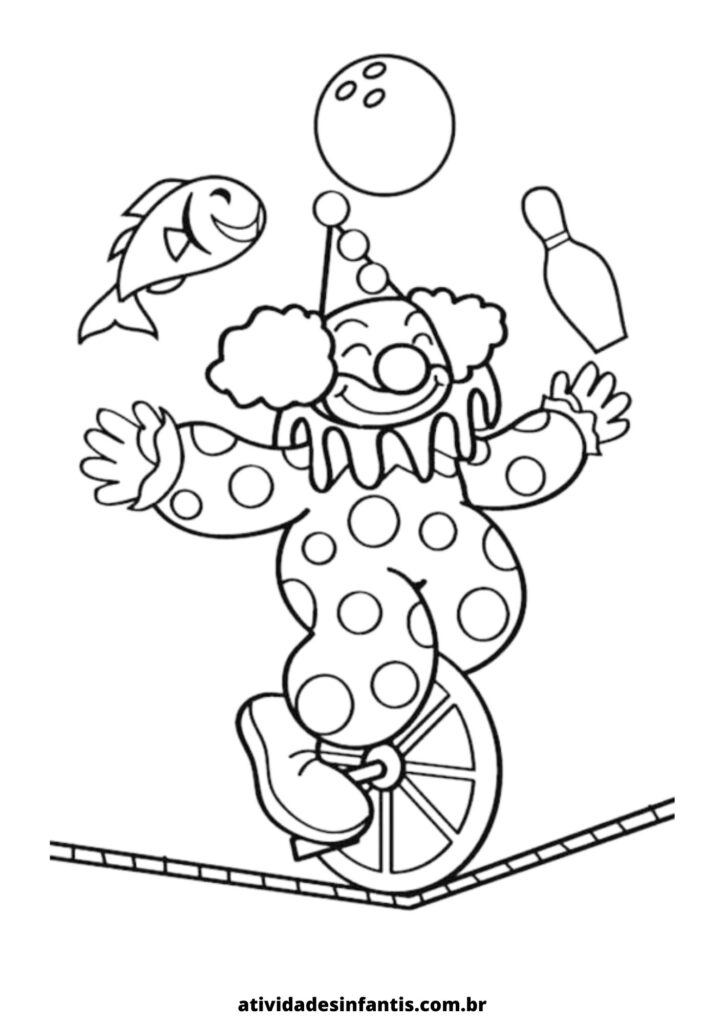 desenho de palhaço no monociclo fazendo malabares para colorir