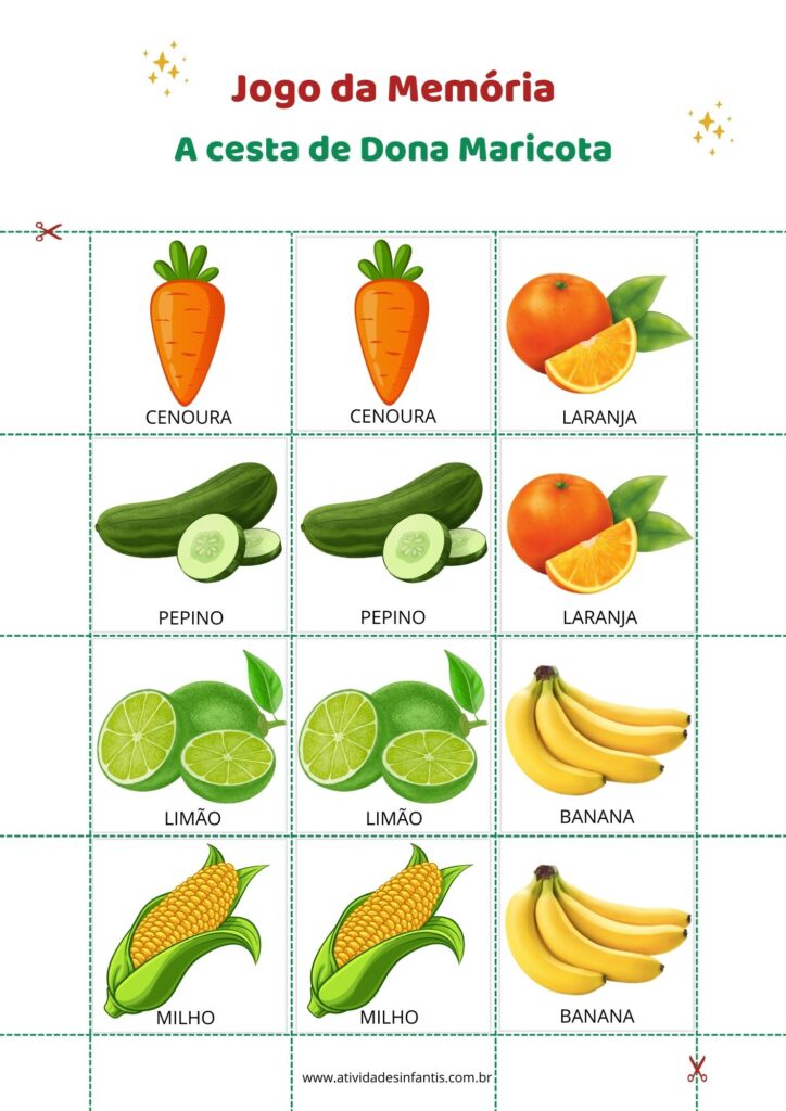 Página 1 do jogo da memória dos alimentos da Cesta da Dona Maricota para imprimir - Imagens de frutas e legumes coloridos, como banana, maçã, e cenoura.