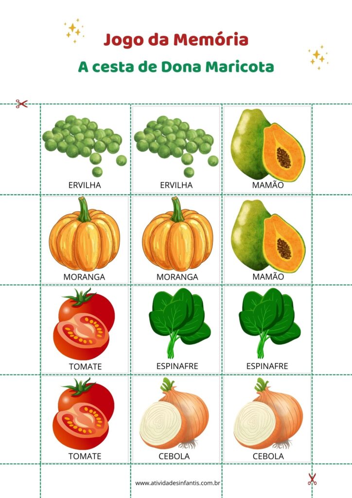 Página 2 do jogo da memória dos alimentos da Cesta da Dona Maricota para imprimir - Imagens de frutas e legumes coloridos, como alface, tomate, e uva.