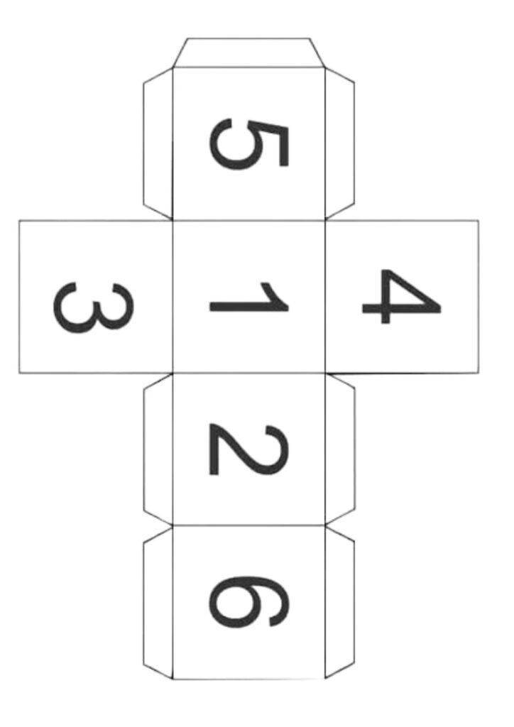 Imagem de um dado aberto, com suas faces planas e prontas para imprimir e montar, utilizado na dinâmica de volta às aulas para reviver momentos.