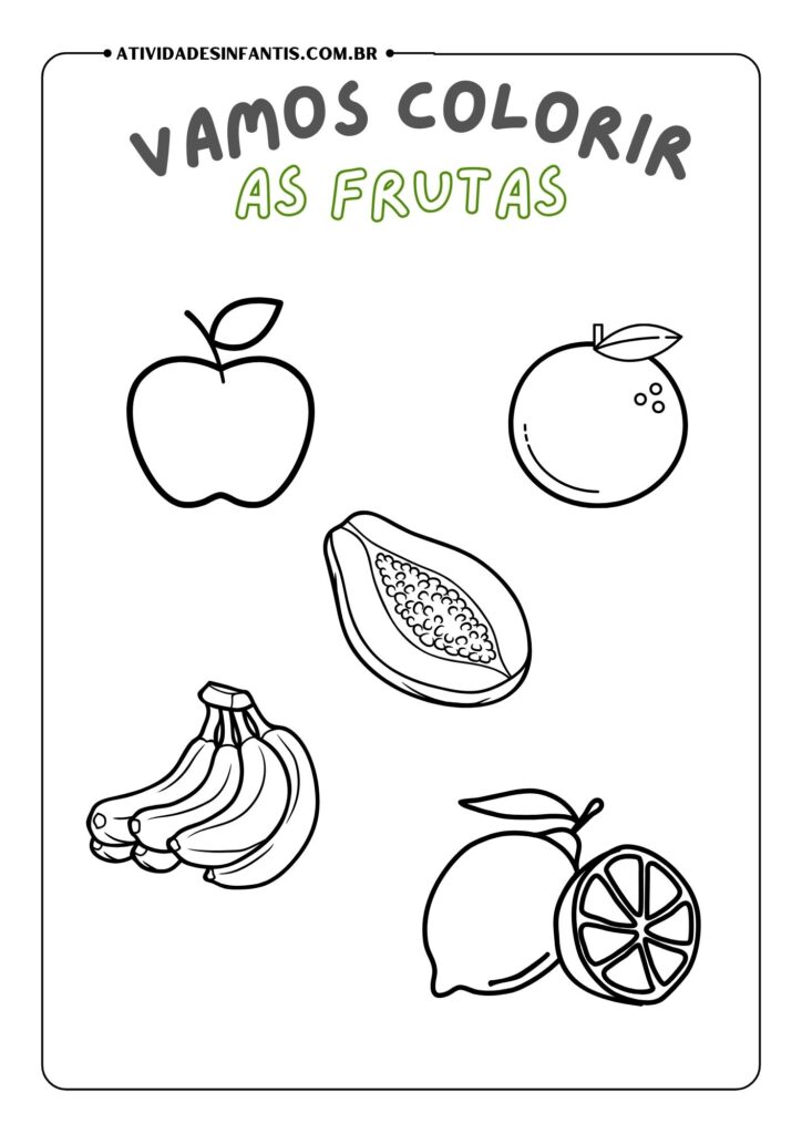 Imagem de frutas para colorir - Inclui desenhos de banana, maçã, laranja, morango e uva, prontos para serem pintados pelas crianças.