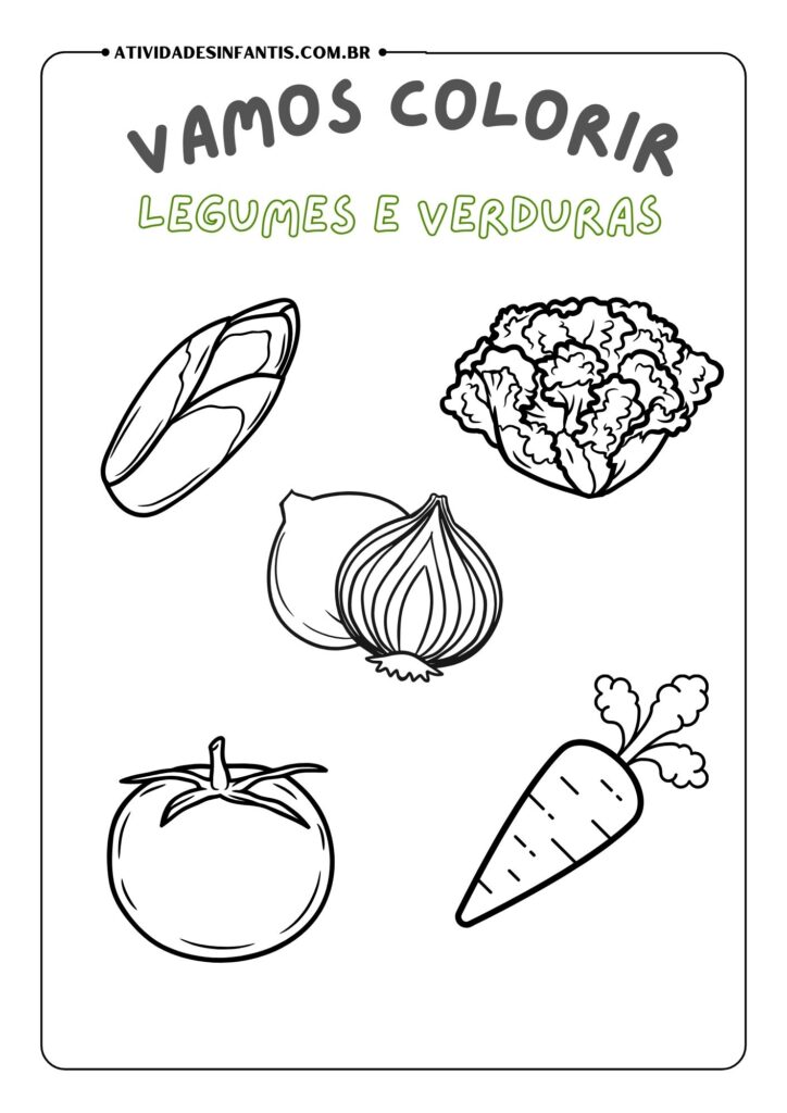 Imagem de legumes e verduras para colorir - Inclui desenhos de alface, cenoura, tomate, chuchu e batata, prontos para serem pintados pelas crianças.