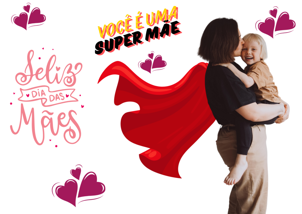 Painel escolar do Dia das Mães com capa de super mãe para as mães tirarem fotos com seus filhos. Design colorido e alegre, pronto para imprimir em tamanho ampliado