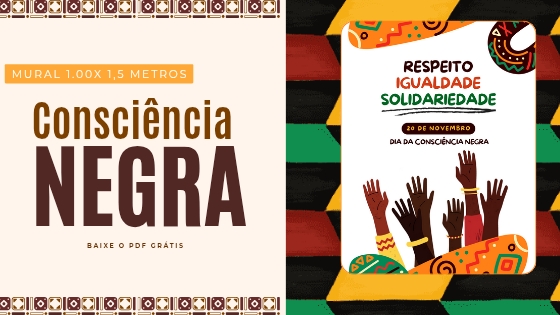 Ilustração com figuras que representam a cultura afro-brasileira e o Dia da Consciência Negra, usada na capa do post sobre murais educativos para imprimir